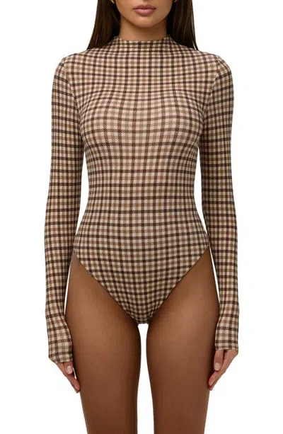 Naked Wardrobe Naked Snakeskin Print Long Sleeve Bodysuit In Micro Plaid