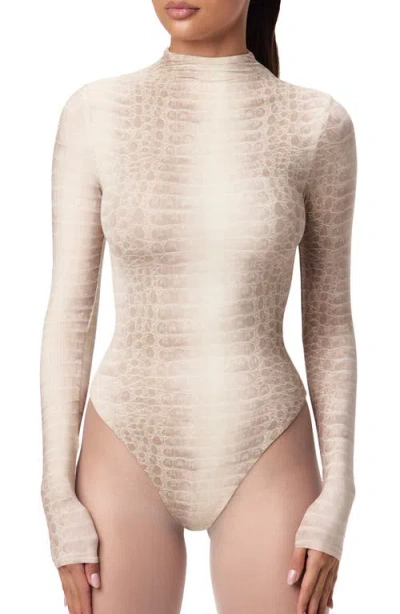 Naked Wardrobe Naked Snakeskin Print Long Sleeve Bodysuit In Neutral