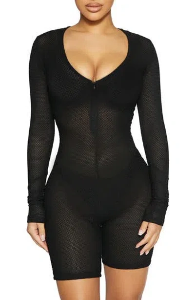 Naked Wardrobe Net Zip-up Long Sleeve Mesh Romper In Black