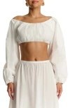 Naked Wardrobe Off The Shoulder Balloon Sleeve Crop Cotton Top In White