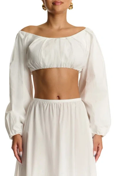 Naked Wardrobe Off The Shoulder Balloon Sleeve Crop Cotton Top In White