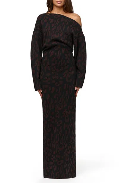 Naked Wardrobe Off The Shoulder Houndstooth Sweater Maxi Dress In Brushed Leopard