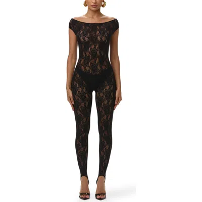 Naked Wardrobe Off The Shoulder Lace Stirrup Jumpsuit In Black