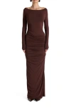 Naked Wardrobe Off The Shoulder Long Sleeve Body-con Maxi Dress In Brown