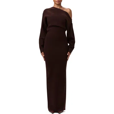 Naked Wardrobe One-shoulder Long Sleeve Maxi Sweater Dress In Brown