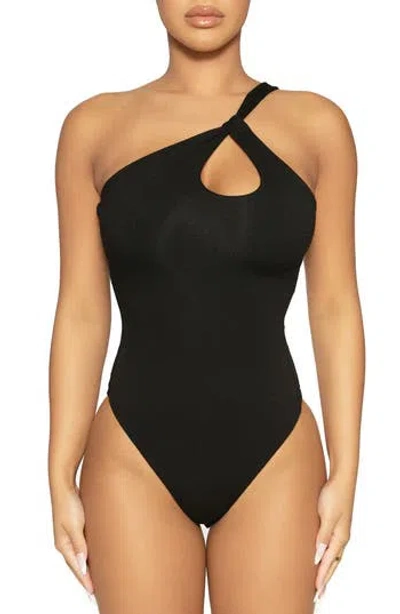 Naked Wardrobe One-shoulder Keyhole Bodysuit In Black