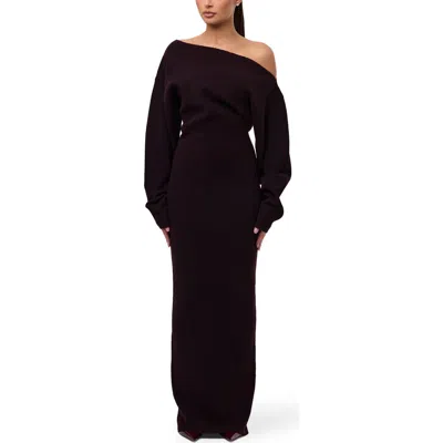 Naked Wardrobe One-shoulder Long Sleeve Maxi Sweater Dress In Dark Plum