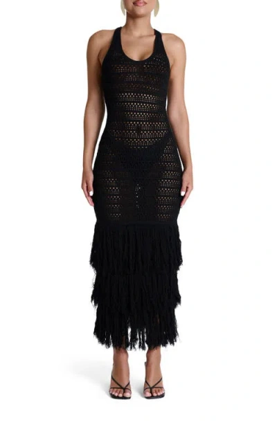 Naked Wardrobe Open Stitch Fringe Midi Dress