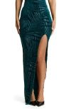Naked Wardrobe Palm Frond Burnout Velvet High Slit Maxi Skirt In Palm Deep Teal