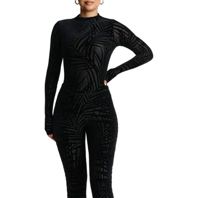 Naked Wardrobe Palm Frond Burnout Velvet Long Sleeve Bodysuit In Palm Black