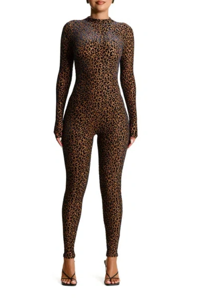 Naked Wardrobe Palm Frond Burnout Velvet Long Sleeve Jumpsuit In Leopard Nude