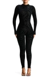 Naked Wardrobe Palm Frond Burnout Velvet Long Sleeve Jumpsuit In Palm Black