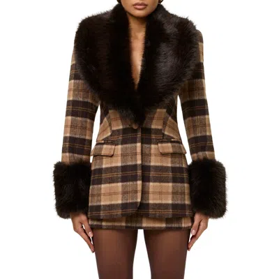 Naked Wardrobe Plaid Blazer With Faux Fur Trim In Sienna Plaid