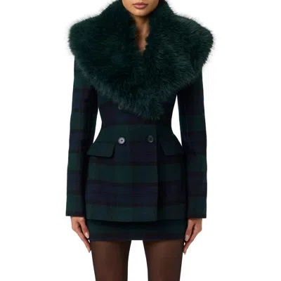 Naked Wardrobe Plaid Faux Fur Collar Wool Blend Blazer In Blue