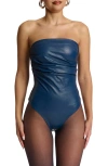 Naked Wardrobe Pleated Strapless Faux Leather Bodysuit In Navy