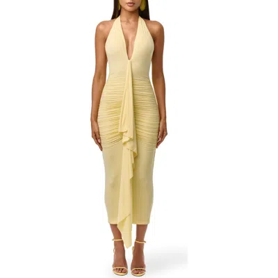 Naked Wardrobe Plunge Halter Neck Center Ruched Body-con Midi Dress In Yellow