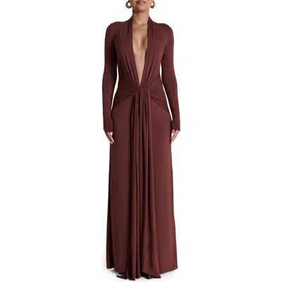 Naked Wardrobe Plunge Neck Long Sleeve Stretch Jersey Maxi Dress In Brown
