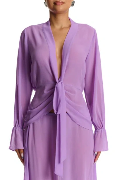 Naked Wardrobe Plunge Tie Front Chiffon Top In Purple