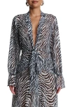 Naked Wardrobe Plunge Tie Front Chiffon Top In Gray