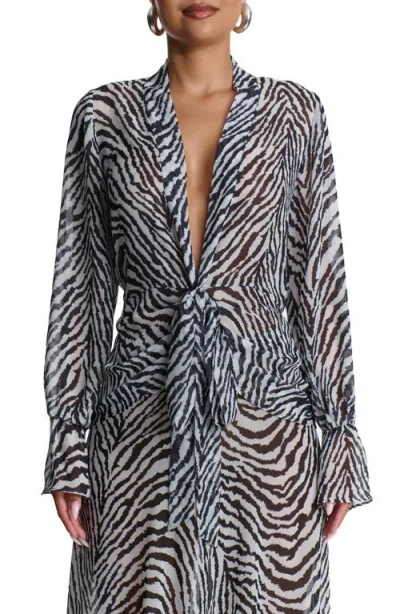 Naked Wardrobe Plunge Tie Front Chiffon Top In Gray