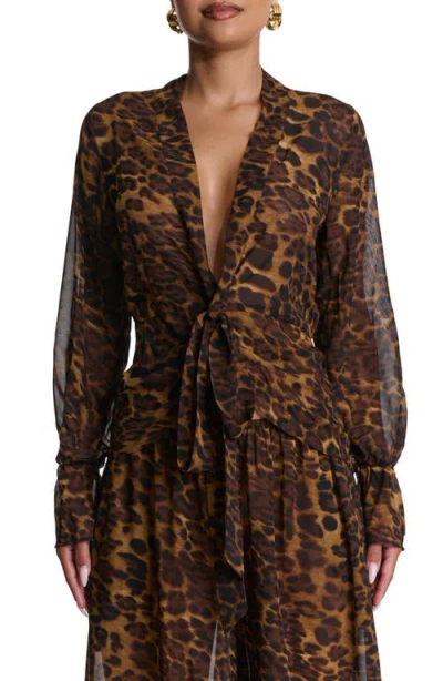 Naked Wardrobe Plunge Tie Front Chiffon Top In Brown