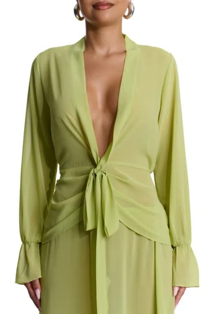 Naked Wardrobe Plunge Tie Front Chiffon Top In Green