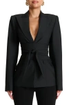 Naked Wardrobe Power Shoulder Tie Waist Blazer In Animal Print