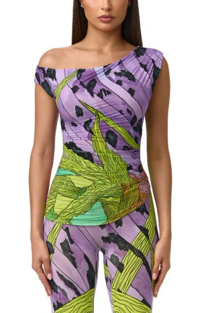 Naked Wardrobe Print Ruched One-shoulder Top In Purple