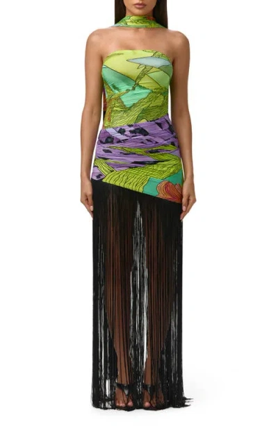 Naked Wardrobe Print Strapless Fringe Maxi Dress With Scarf In Multi