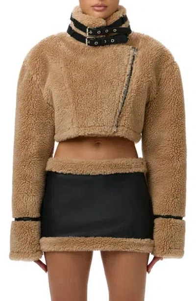 Naked Wardrobe Reversible Faux Shearling Crop Moto Jacket In Brown