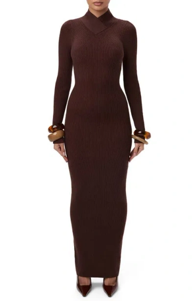 Naked Wardrobe Rib Long Sleeve Body-con Sweater Dress In Burgundy