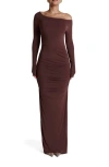 Naked Wardrobe Ruched Off The Shoulder Long Sleeve Maxi Dress In Brown