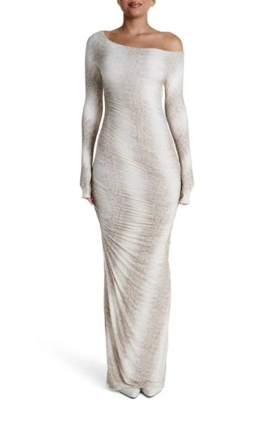 Naked Wardrobe Ruched Off The Shoulder Long Sleeve Maxi Dress In Brown