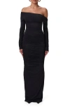 Naked Wardrobe Ruched Off The Shoulder Long Sleeve Maxi Dress In Black