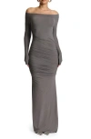 Naked Wardrobe Ruched Off The Shoulder Long Sleeve Maxi Dress In Charcoal