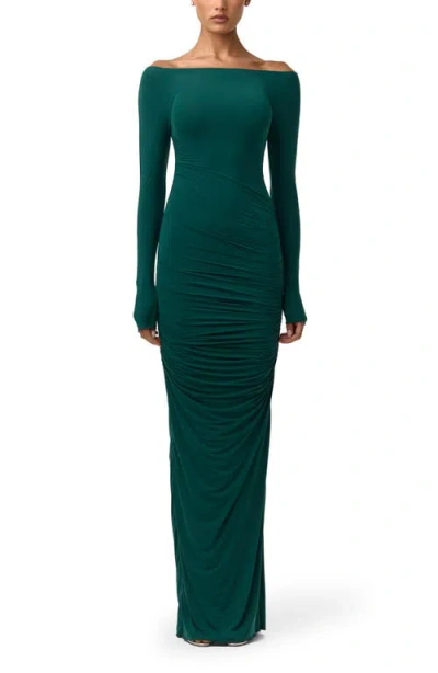 Naked Wardrobe Ruched Off The Shoulder Long Sleeve Maxi Dress In Green