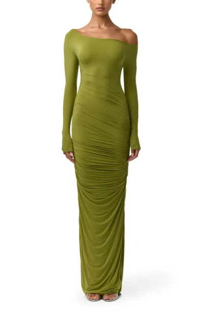 Naked Wardrobe Ruched Off The Shoulder Long Sleeve Maxi Dress In Green