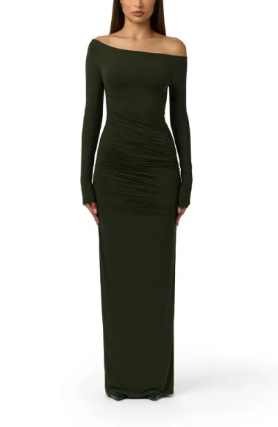 Naked Wardrobe Ruched Off The Shoulder Long Sleeve Maxi Dress In Noir Green