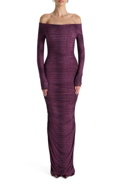 Naked Wardrobe Ruched Off The Shoulder Long Sleeve Maxi Dress In Purple