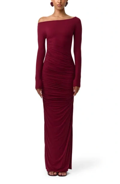 Naked Wardrobe Ruched Off The Shoulder Long Sleeve Maxi Dress In Red
