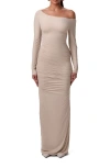 Naked Wardrobe Ruched Off The Shoulder Long Sleeve Maxi Dress In Taupe