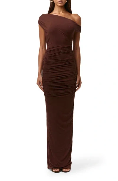 Naked Wardrobe Ruched Off The Shoulder Maxi Dress In Brown