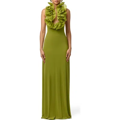 Naked Wardrobe Ruffle Plunge Halter Maxi Dress In Green