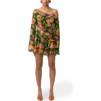 Naked Wardrobe Ruffle Print One-shoulder Long Sleeve Minidress In Orange
