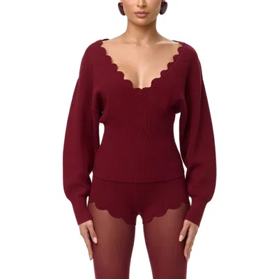 Naked Wardrobe Scallop Trim V-neck Sweater In Burgundy