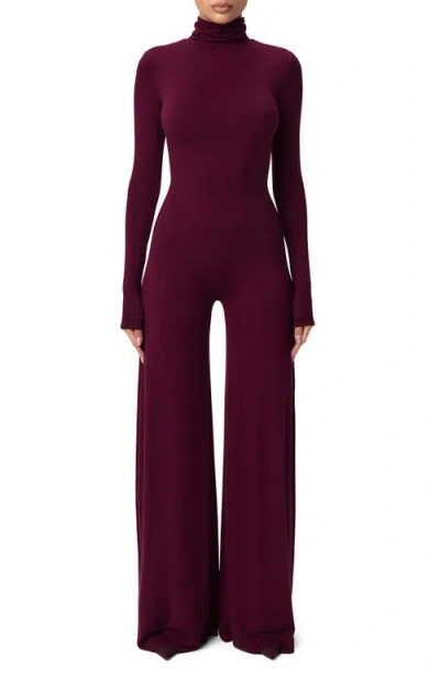 Naked Wardrobe Sculpt Turtleneck Wide Leg Jumpsuit In Dark Plum