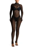 Naked Wardrobe Sheer Lace Long Sleeve Stirrup Jumpsuit In Black