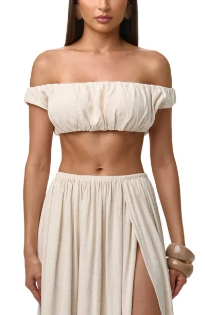 Naked Wardrobe Shirred Off The Shoulder Crop Top In Neutral