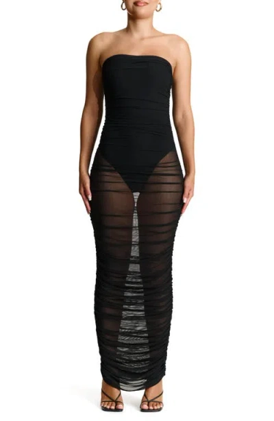 Naked Wardrobe Shirred Strapless Mesh Maxi Dress In Black