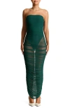 Naked Wardrobe Shirred Strapless Mesh Maxi Dress In Deep Teal